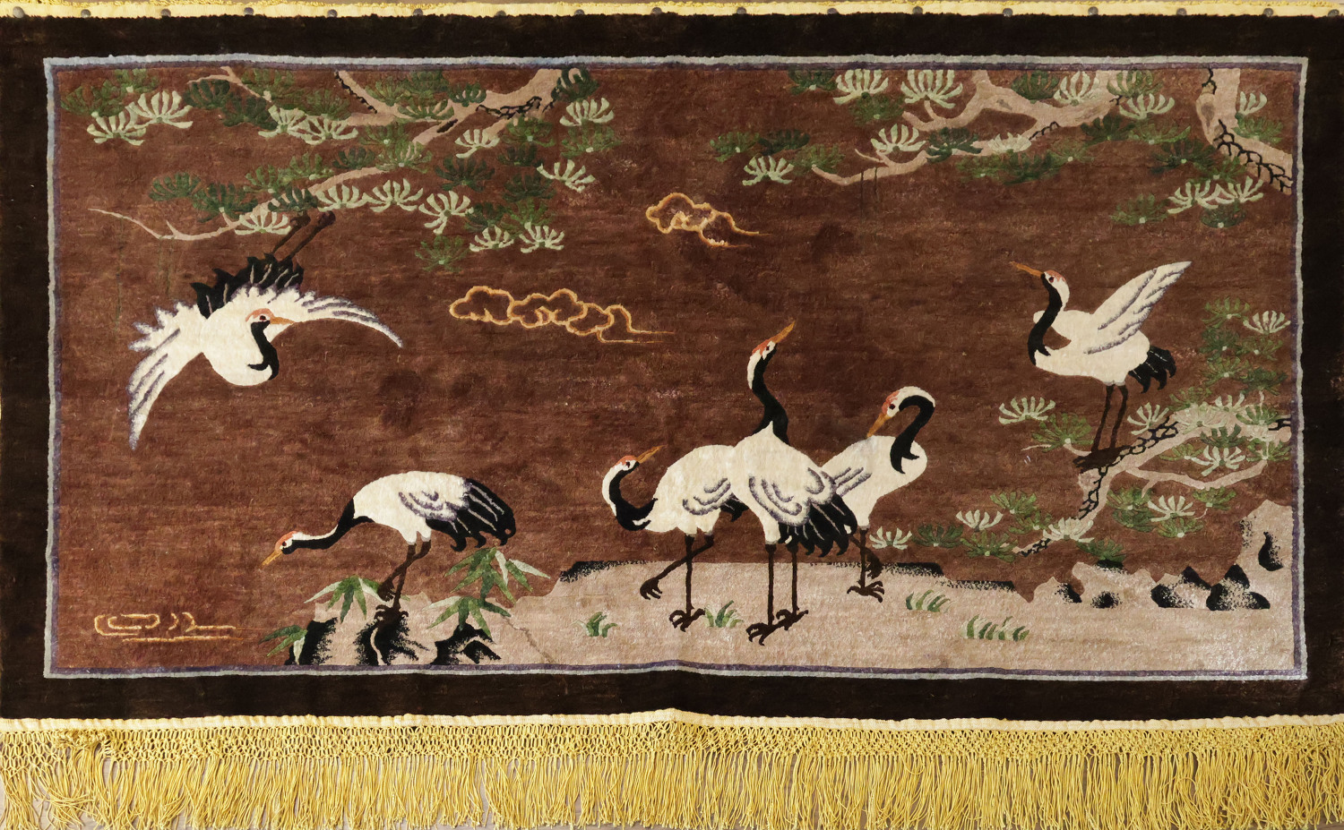 Old Vintage Pictorial Art Deco Chinese Silk Rug 3x5