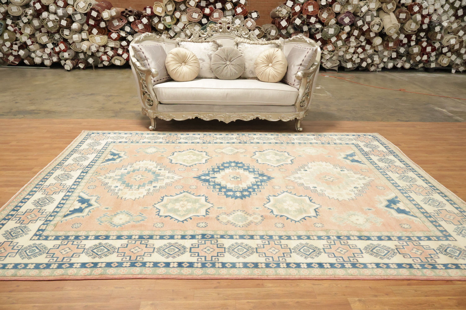 Traditional Kazak Geometric Rug in Soft Peach Terracotta and Blue Shades 8'x11'