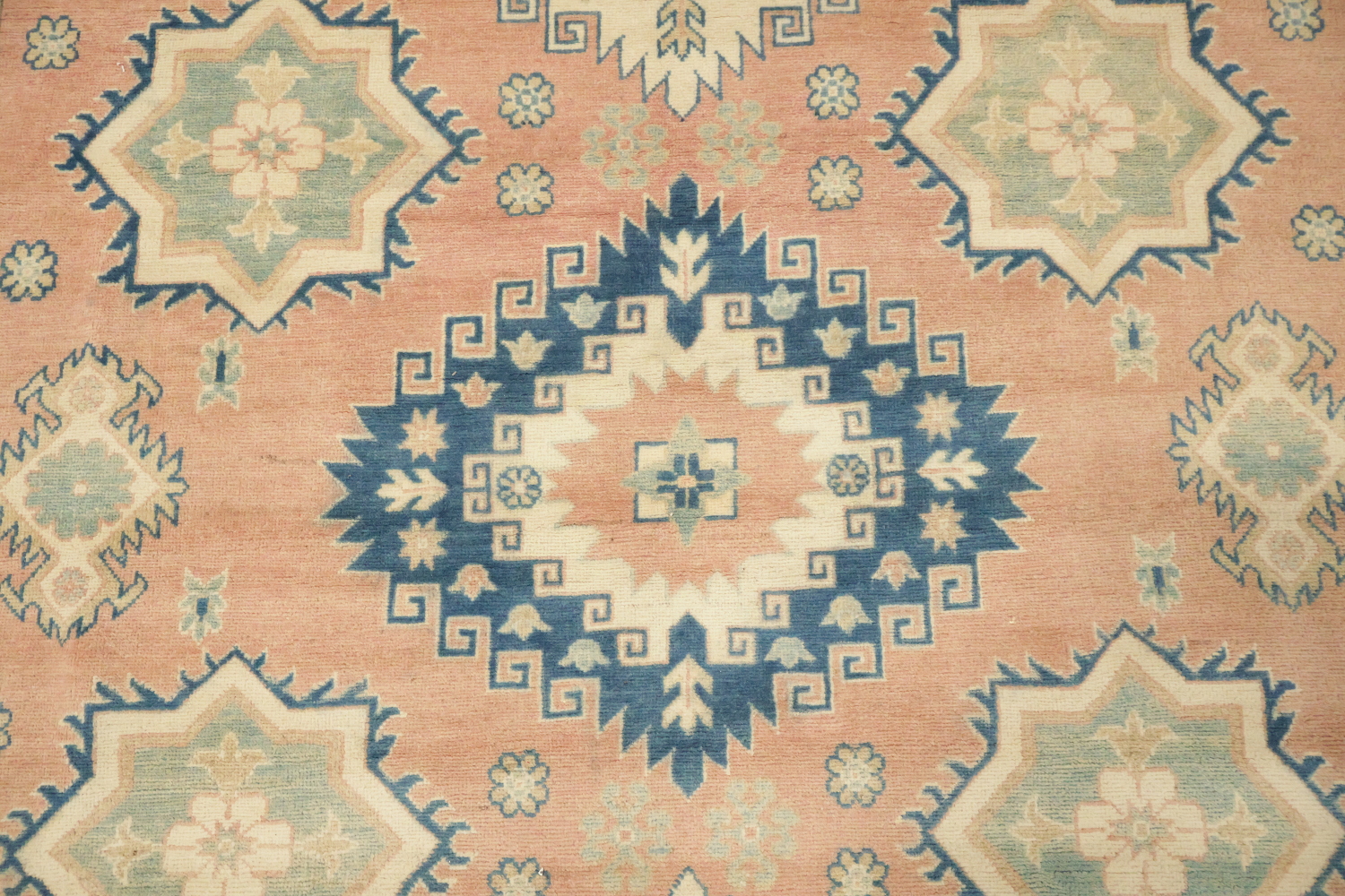 Traditional Kazak Geometric Rug in Soft Peach Terracotta and Blue Shades 8'x11'