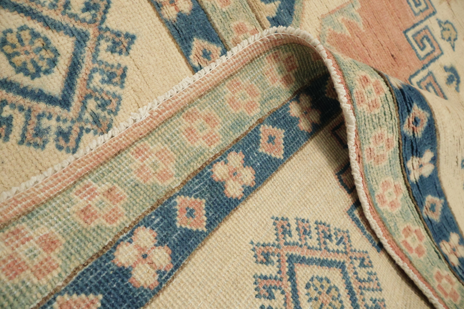 Traditional Kazak Geometric Rug in Soft Peach Terracotta and Blue Shades 8'x11'