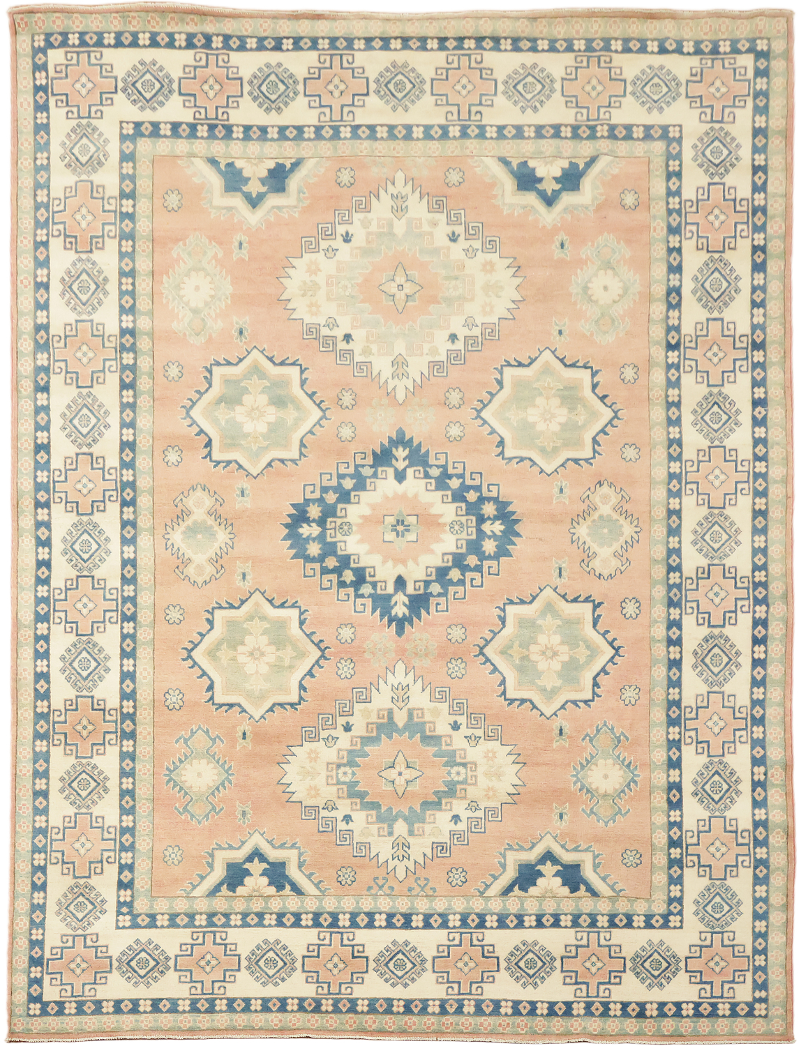 Traditional Kazak Geometric Rug in Soft Peach Terracotta and Blue Shades 8'x11'