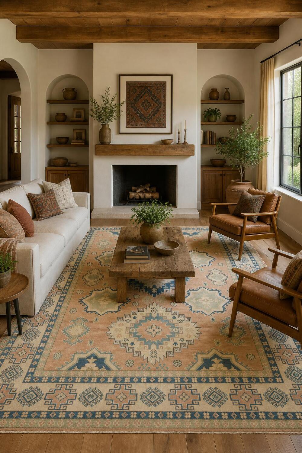 Traditional Kazak Geometric Rug in Soft Peach Terracotta and Blue Shades 8'x11'