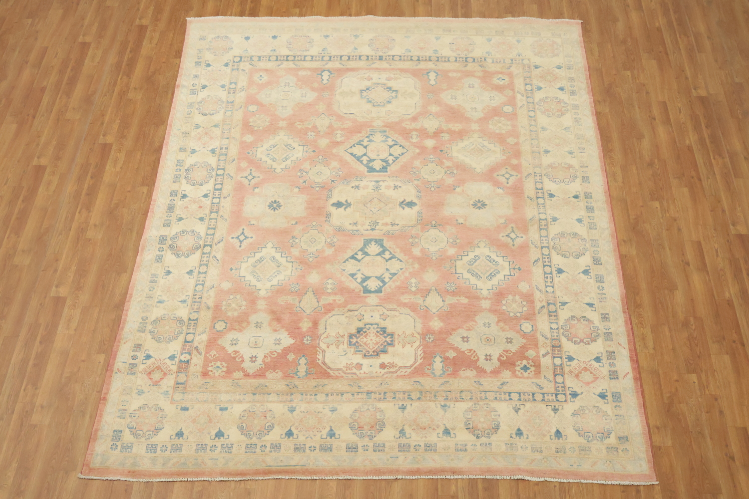 Traditional Salmon Red Kazak Geometric Area Rug in Warm and Subtle Tones 8'x10'