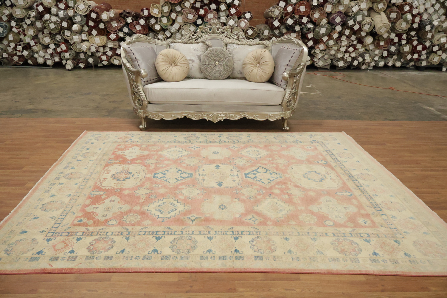 Traditional Salmon Red Kazak Geometric Area Rug in Warm and Subtle Tones 8'x10'