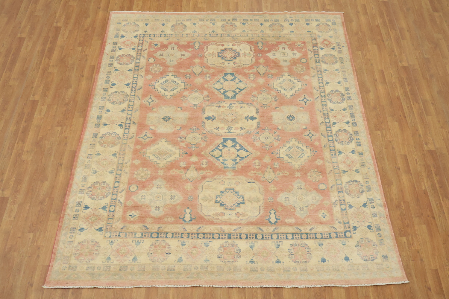 Traditional Salmon Red Kazak Geometric Area Rug in Warm and Subtle Tones 8'x10'