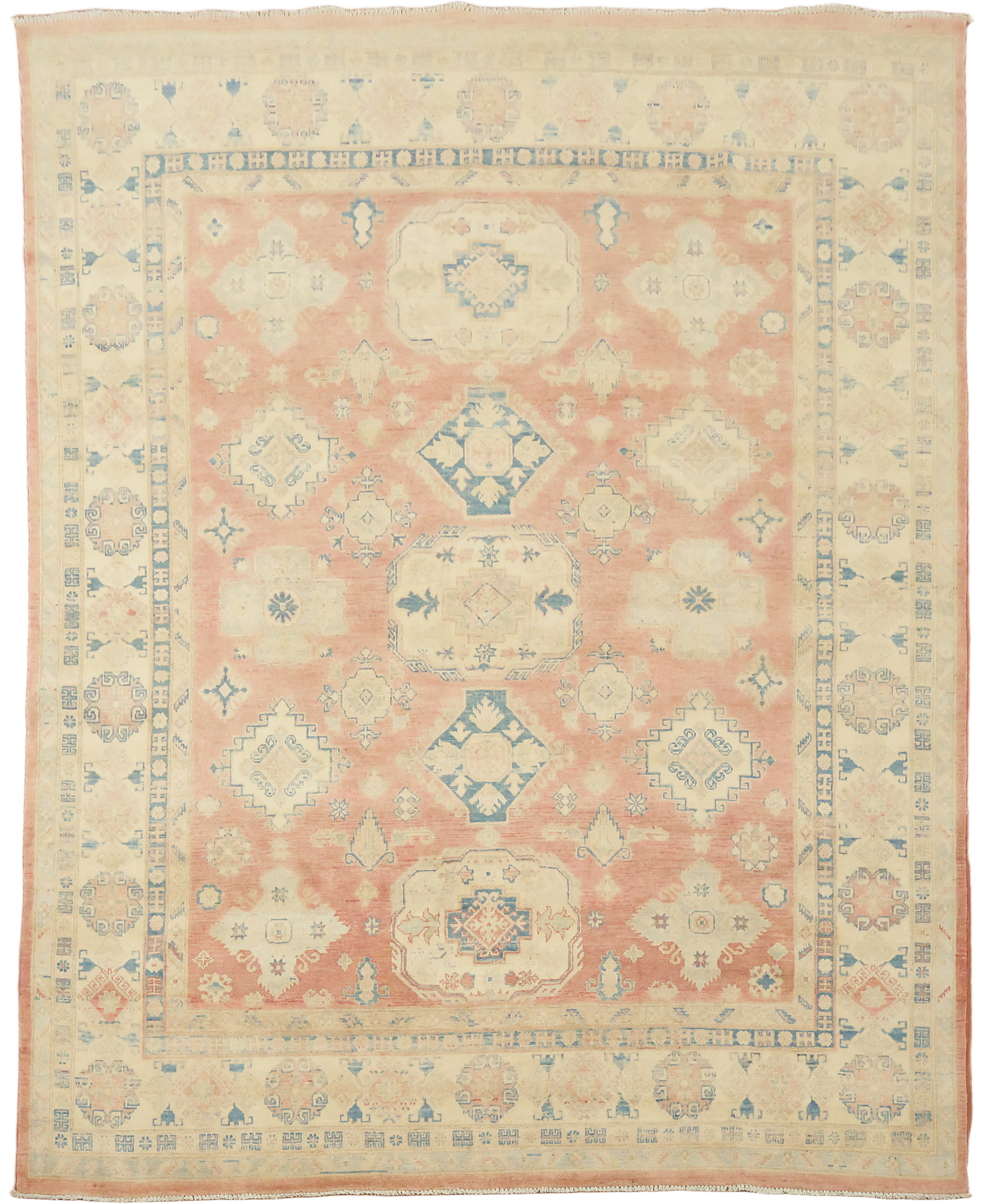 Traditional Salmon Red Kazak Geometric Area Rug in Warm and Subtle Tones 8'x10'