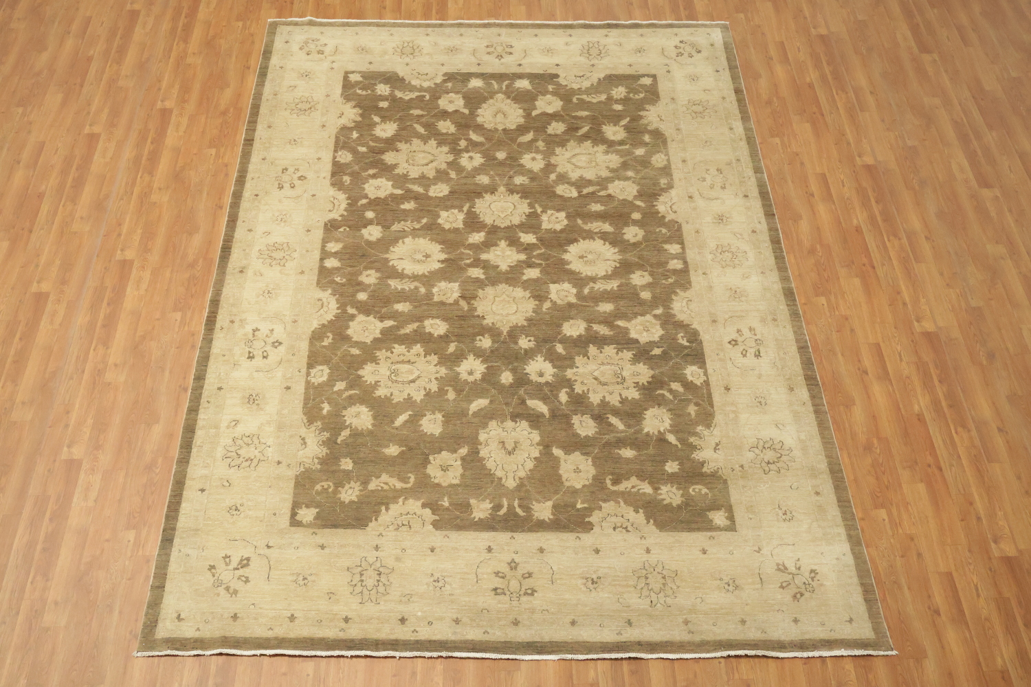 Beige and Brown Traditional Floral Oushak Turkish Wool Rug 8'x11'
