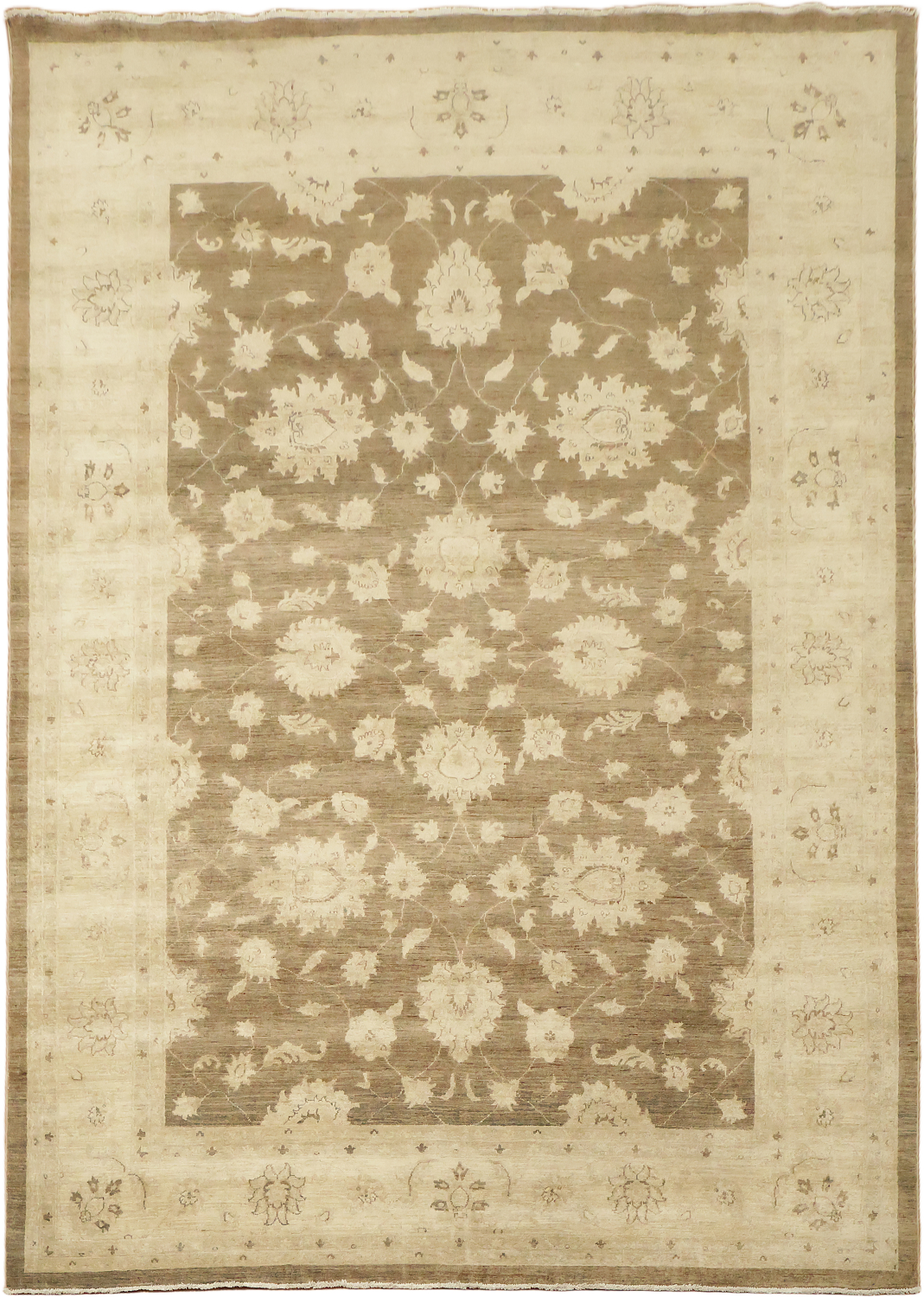 Beige and Brown Traditional Floral Oushak Turkish Wool Rug 8'x11'
