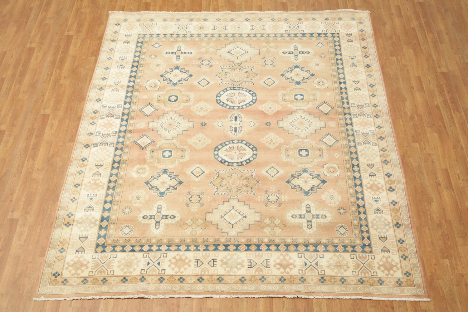 Neutral Toned Peach Terracotta Kazak Area Rug with Intricate Blue Detailing 8x10