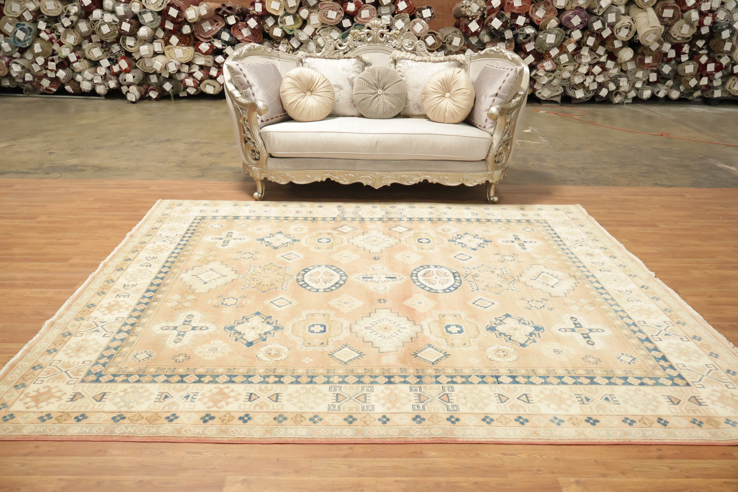 Neutral Toned Peach Terracotta Kazak Area Rug with Intricate Blue Detailing 8x10