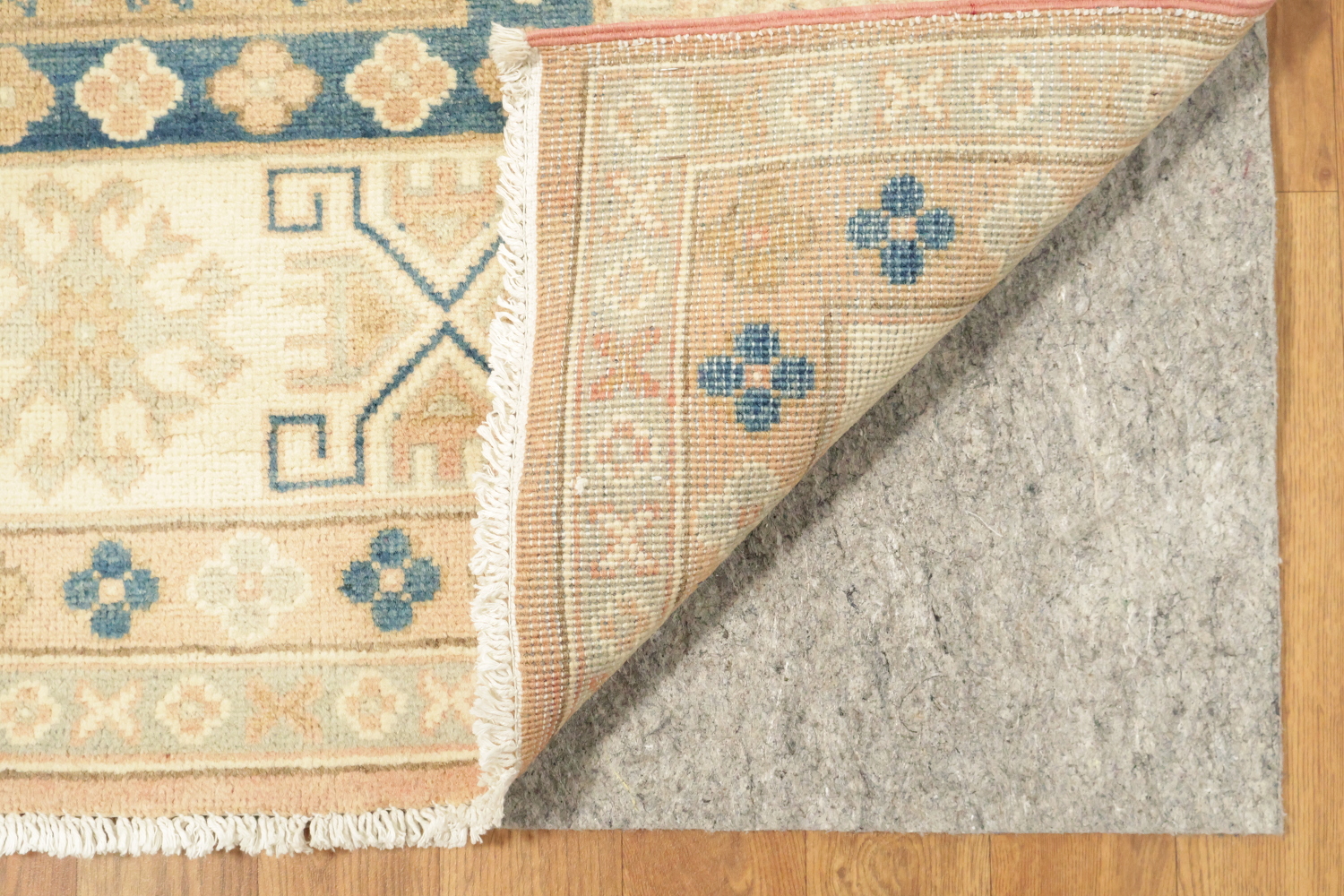 Neutral Toned Peach Terracotta Kazak Area Rug with Intricate Blue Detailing 8x10