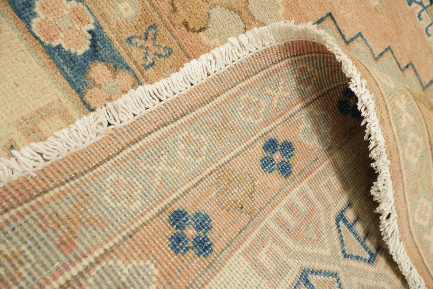 Neutral Toned Peach Terracotta Kazak Area Rug with Intricate Blue Detailing 8x10