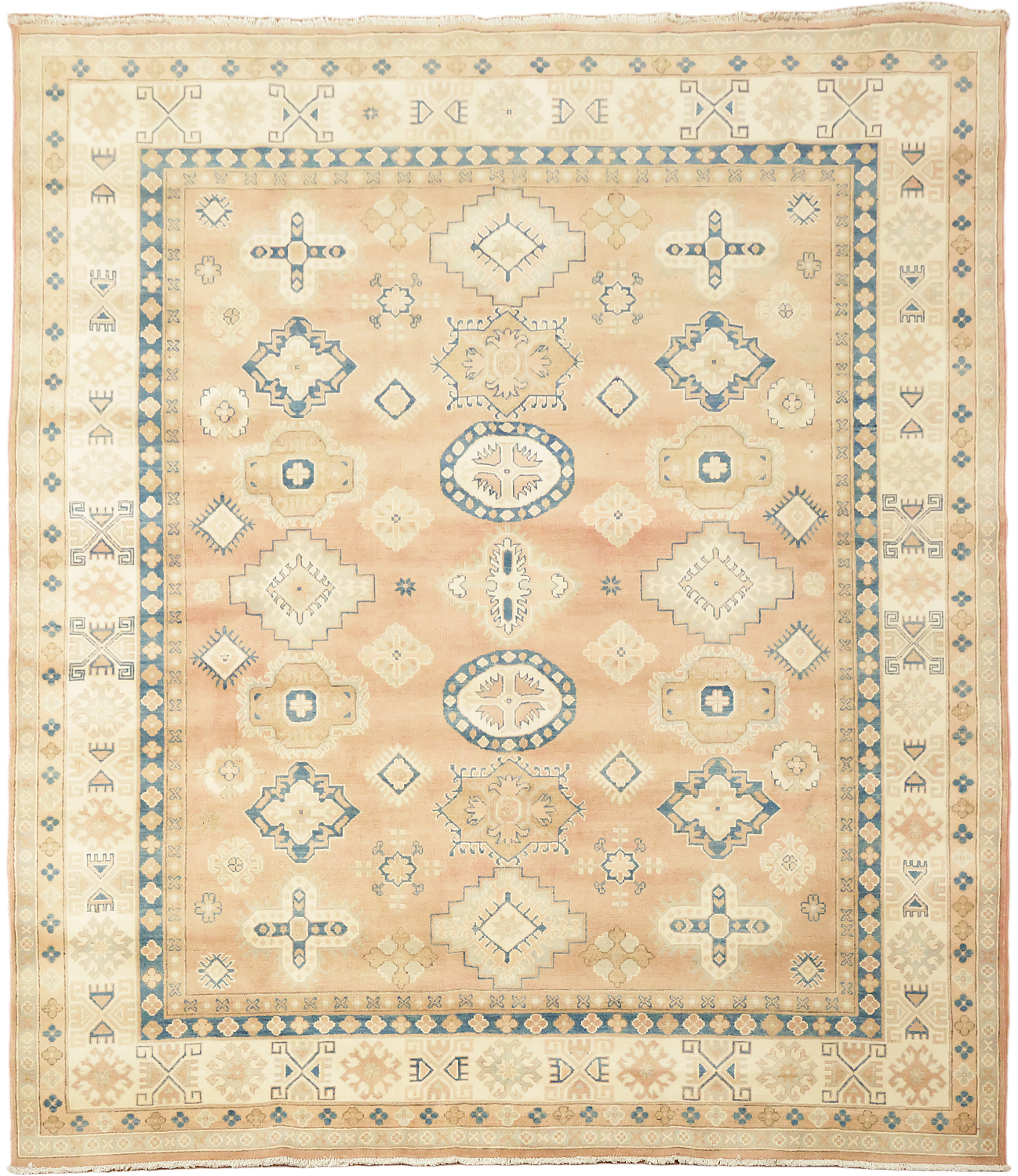 Neutral Toned Peach Terracotta Kazak Area Rug with Intricate Blue Detailing 8x10