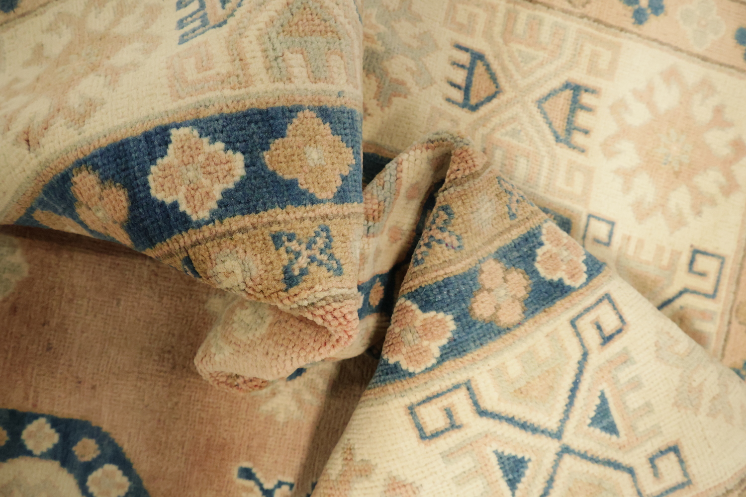 Neutral Toned Peach Terracotta Kazak Area Rug with Intricate Blue Detailing 8x10