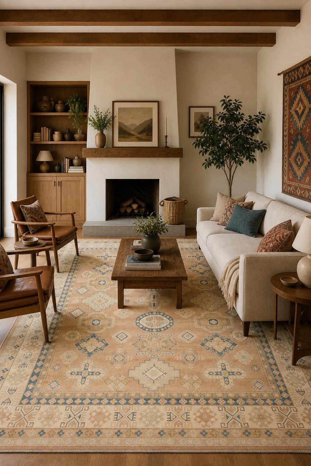 Neutral Toned Peach Terracotta Kazak Area Rug with Intricate Blue Detailing 8x10