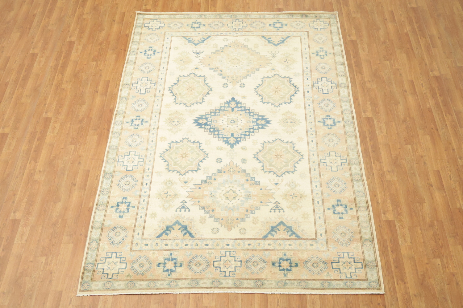 Exquisite Ivory and Blue Kazak Geometric Rug 7'x10'