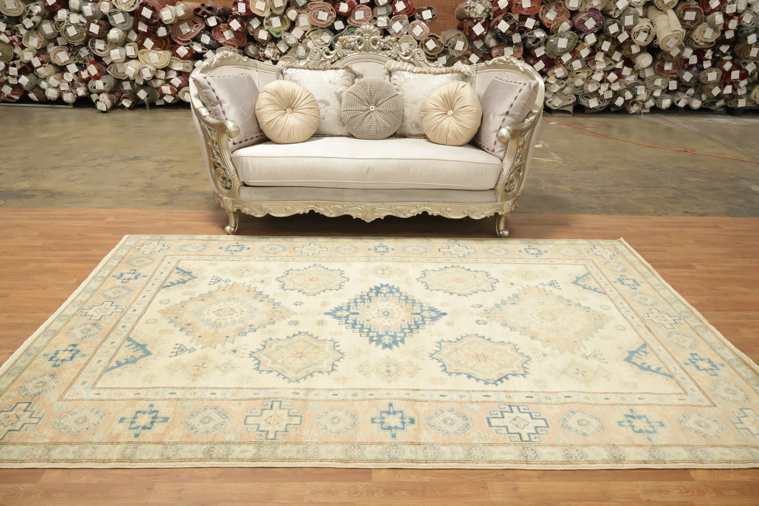 Exquisite Ivory and Blue Kazak Geometric Rug 7'x10'