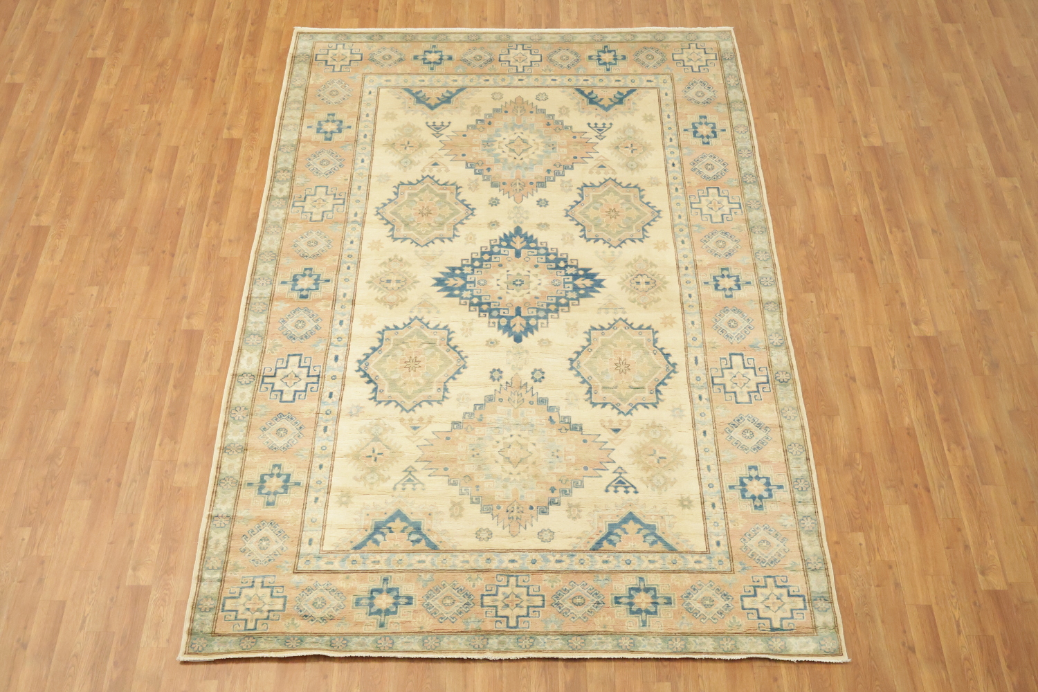Exquisite Ivory and Blue Kazak Geometric Rug 7'x10'