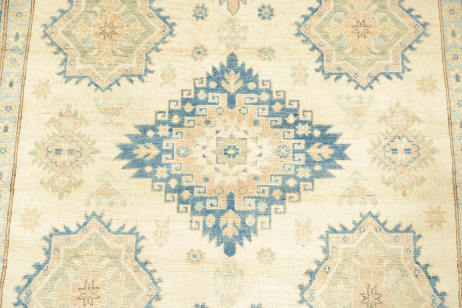 Exquisite Ivory and Blue Kazak Geometric Rug 7'x10'