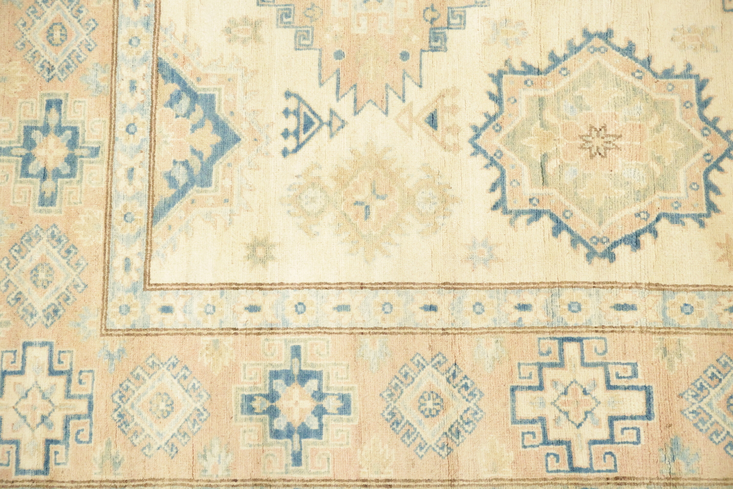 Exquisite Ivory and Blue Kazak Geometric Rug 7'x10'