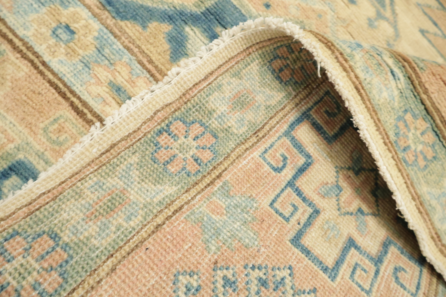 Exquisite Ivory and Blue Kazak Geometric Rug 7'x10'
