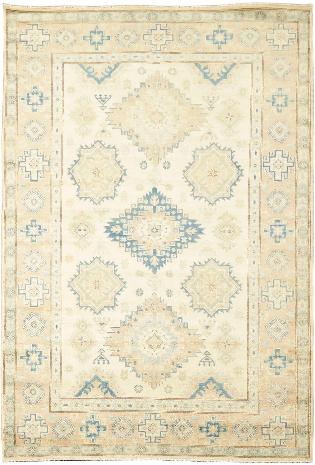 Exquisite Ivory and Blue Kazak Geometric Rug 7'x10'