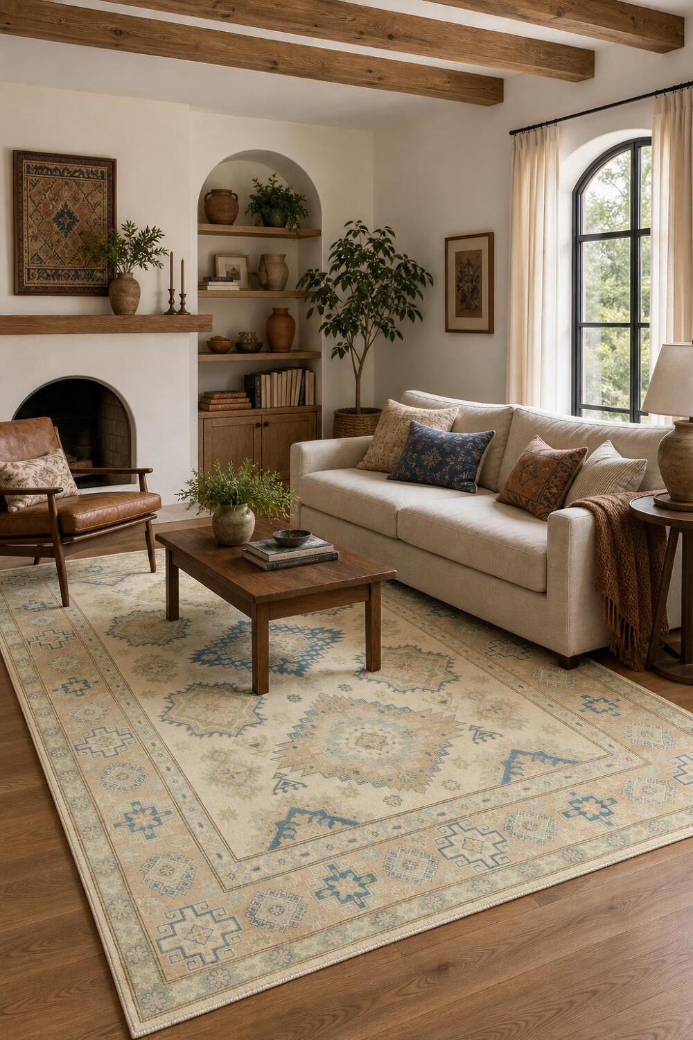 Exquisite Ivory and Blue Kazak Geometric Rug 7'x10'