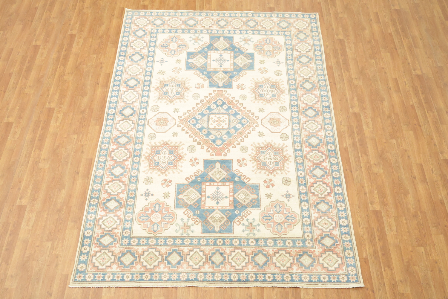Classic Pastel Toned Kazak Area Rug with Intricate Geometric Design 7'x10'