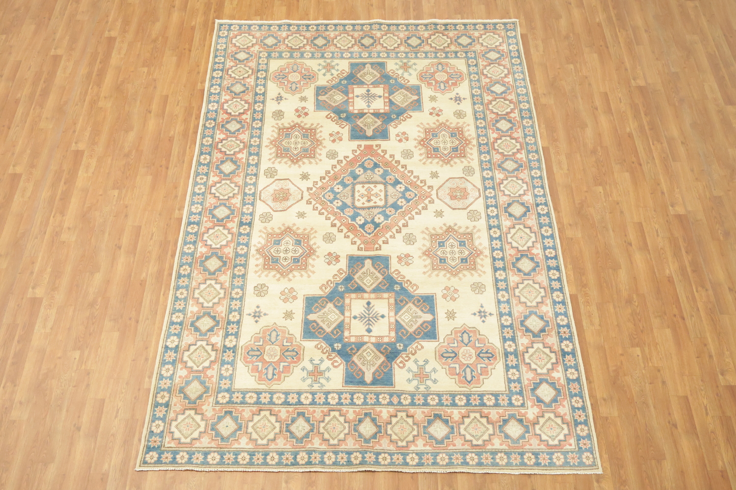 Classic Pastel Toned Kazak Area Rug with Intricate Geometric Design 7'x10'