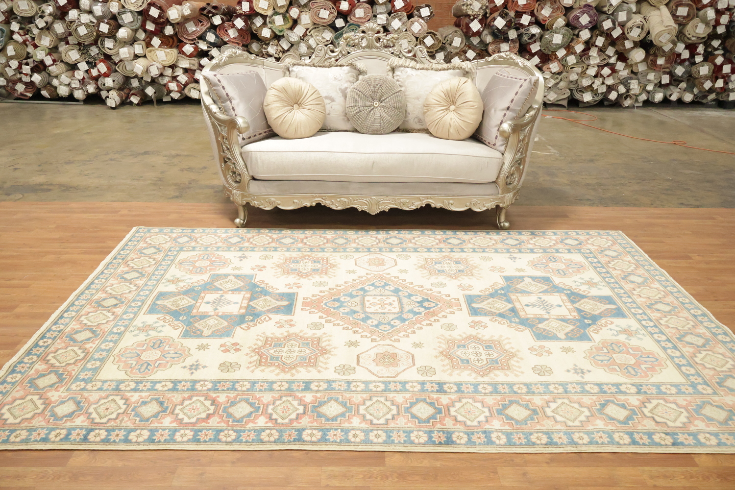 Classic Pastel Toned Kazak Area Rug with Intricate Geometric Design 7'x10'