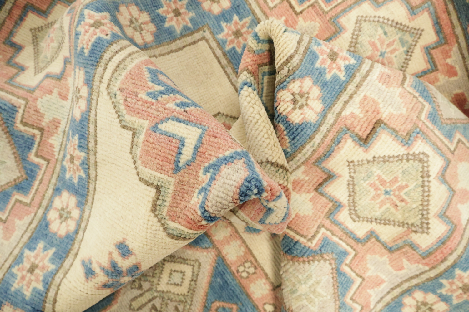 Classic Pastel Toned Kazak Area Rug with Intricate Geometric Design 7'x10'