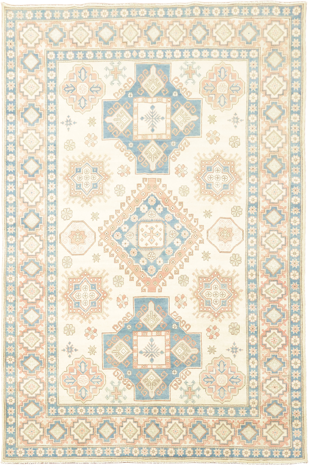 Classic Pastel Toned Kazak Area Rug with Intricate Geometric Design 7'x10'