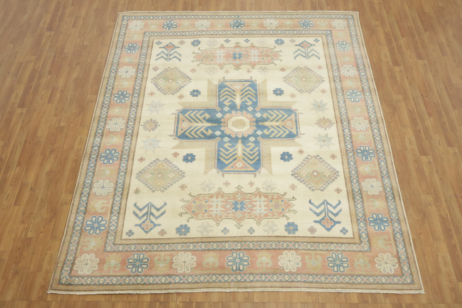 Elegant Cream and Salmon Border Kazak Geometric Rug with Subtle Pastel Hues 8'x10'