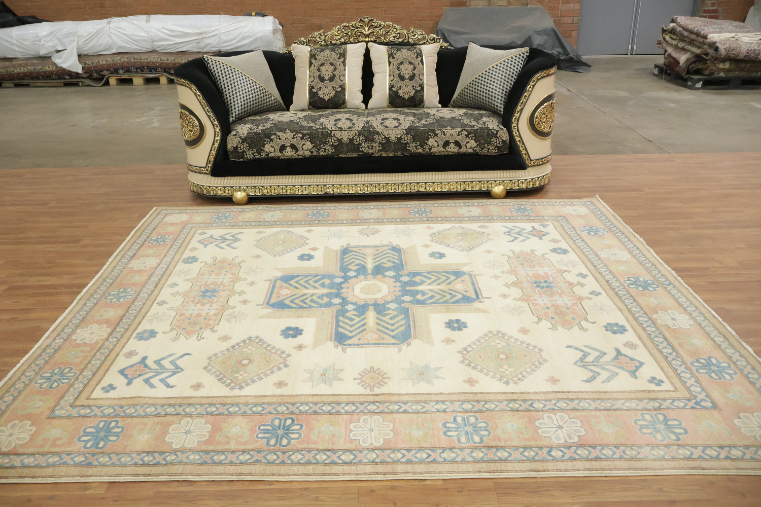 Elegant Cream and Salmon Border Kazak Geometric Rug with Subtle Pastel Hues 8'x10'
