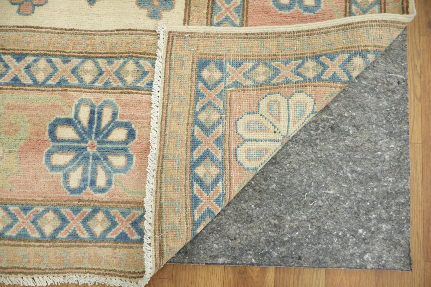 Elegant Cream and Salmon Border Kazak Geometric Rug with Subtle Pastel Hues 8'x10'