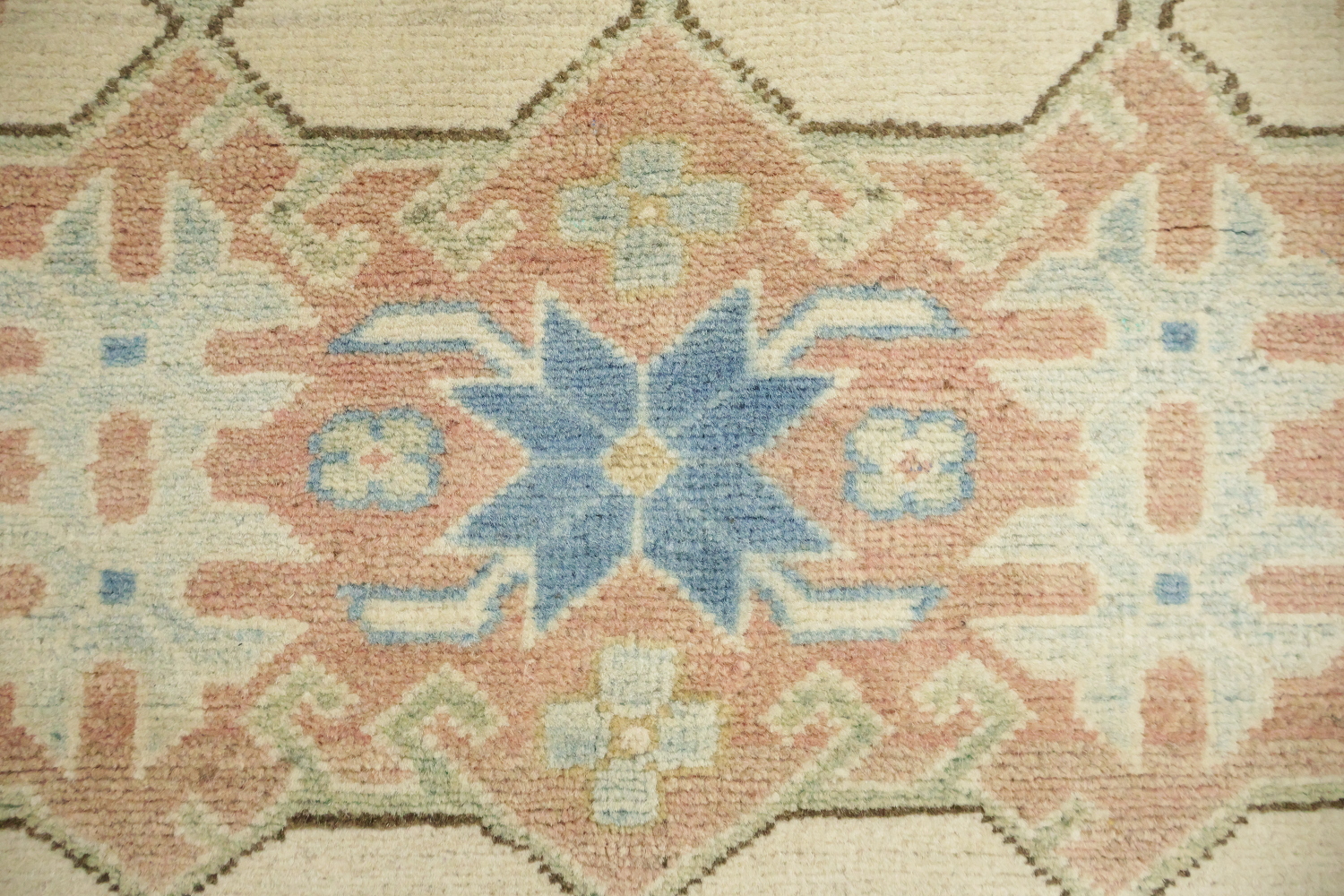 Elegant Cream and Salmon Border Kazak Geometric Rug with Subtle Pastel Hues 8'x10'