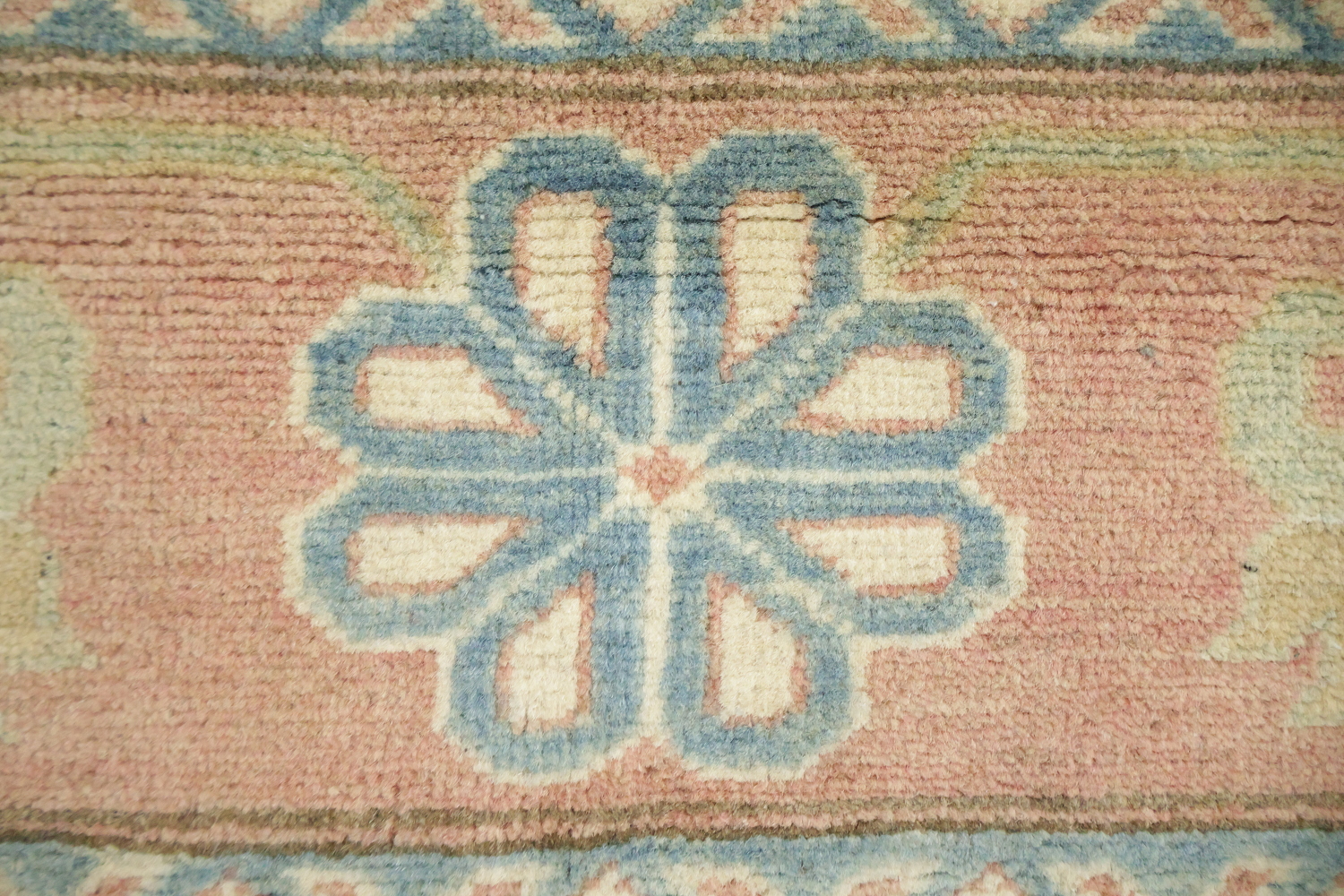 Elegant Cream and Salmon Border Kazak Geometric Rug with Subtle Pastel Hues 8'x10'
