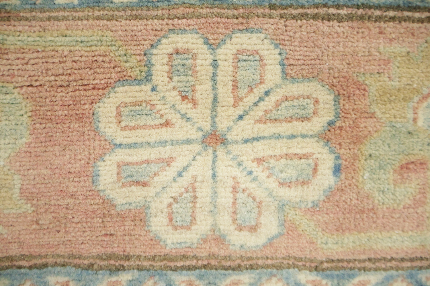 Elegant Cream and Salmon Border Kazak Geometric Rug with Subtle Pastel Hues 8'x10'