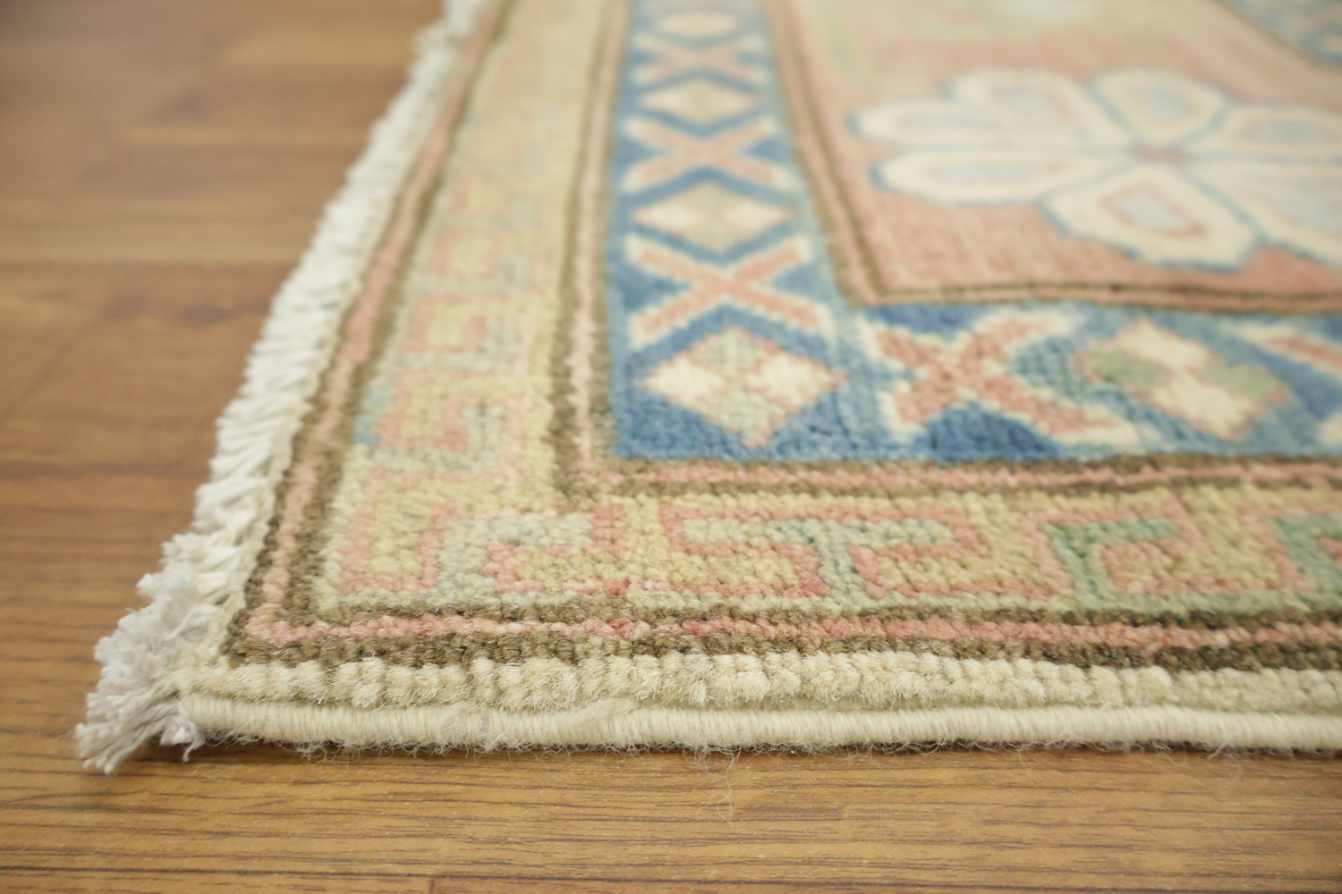 Elegant Cream and Salmon Border Kazak Geometric Rug with Subtle Pastel Hues 8'x10'
