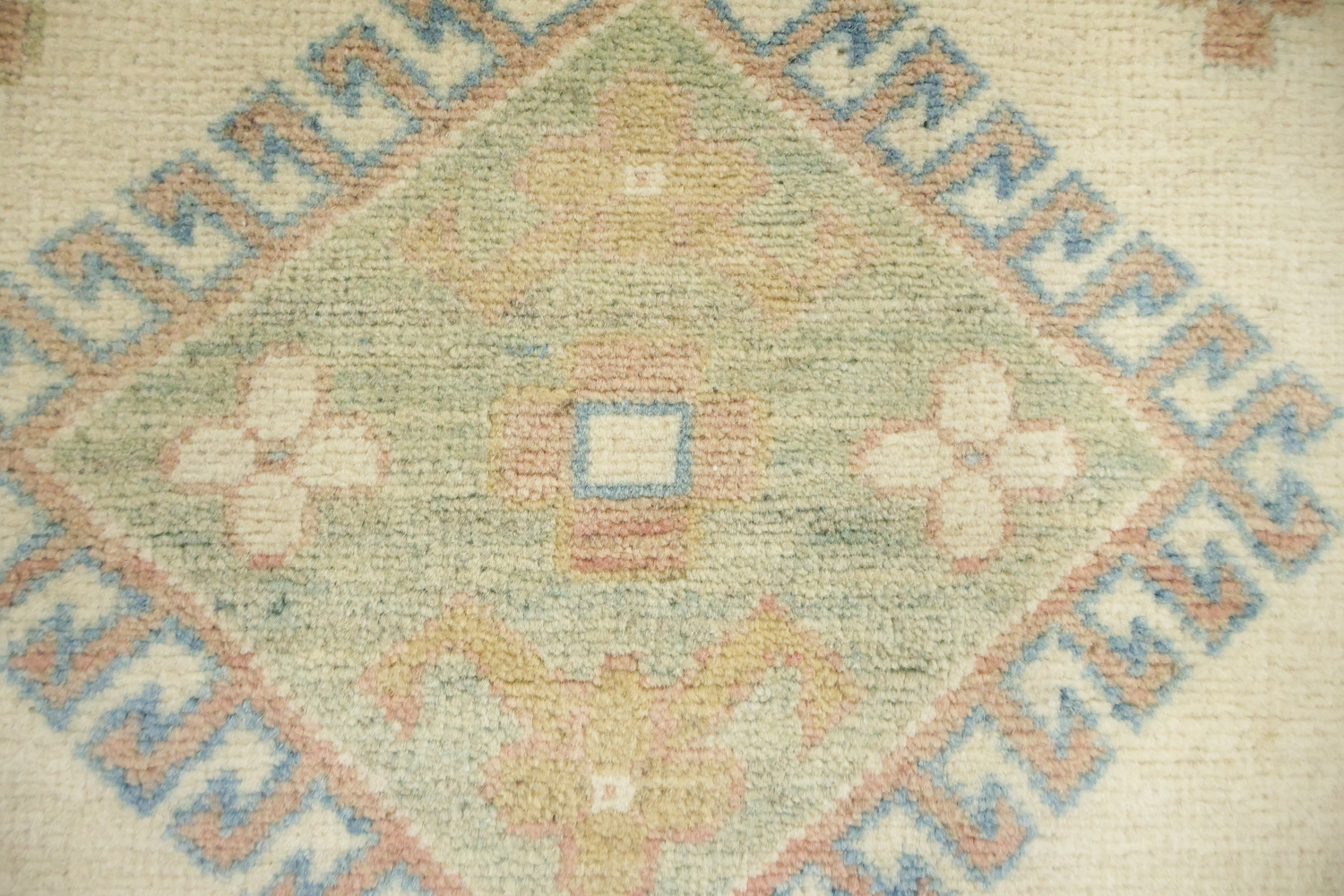 Elegant Cream and Salmon Border Kazak Geometric Rug with Subtle Pastel Hues 8'x10'
