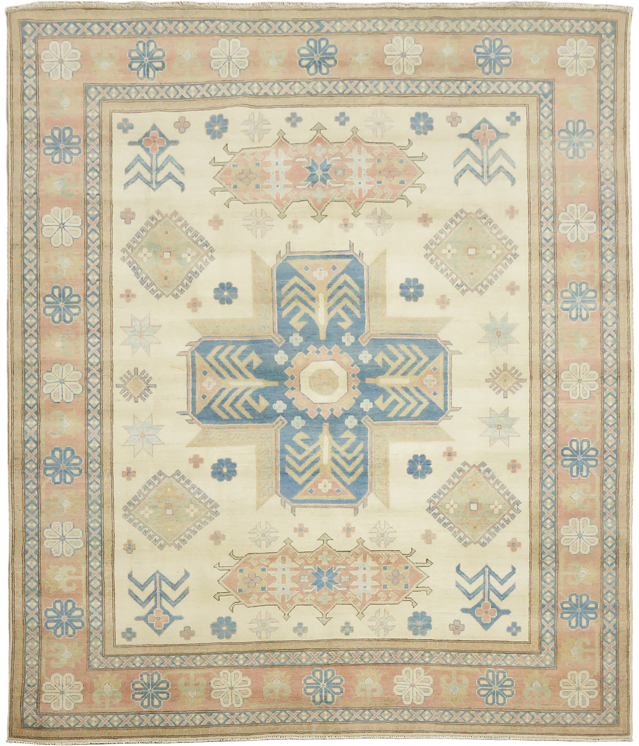 Elegant Cream and Salmon Border Kazak Geometric Rug with Subtle Pastel Hues 8'x10'