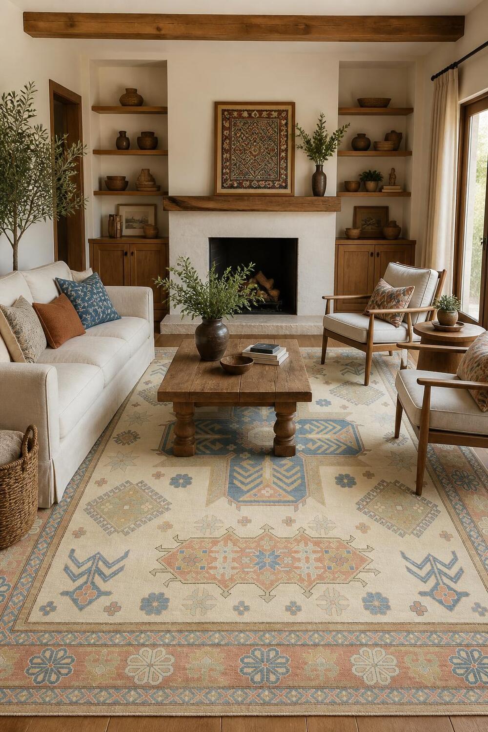 Elegant Cream and Salmon Border Kazak Geometric Rug with Subtle Pastel Hues 8'x10'
