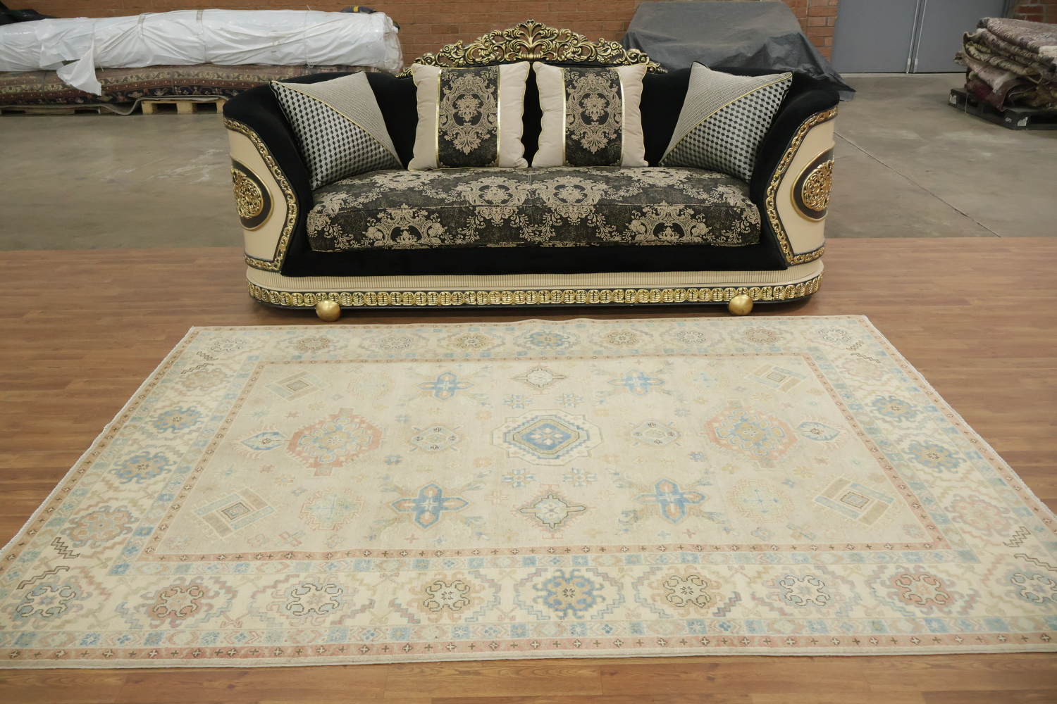 Traditional Light Grey Kazak Pakistani Rug with Delicate Blue and Orange Motifs 6'x9'
