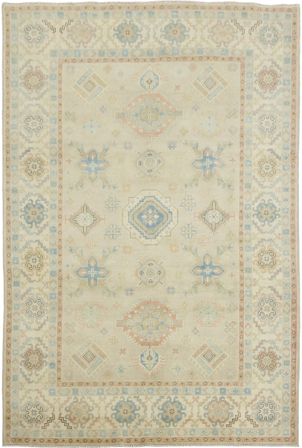 Traditional Light Grey Kazak Pakistani Rug with Delicate Blue and Orange Motifs 6'x9'