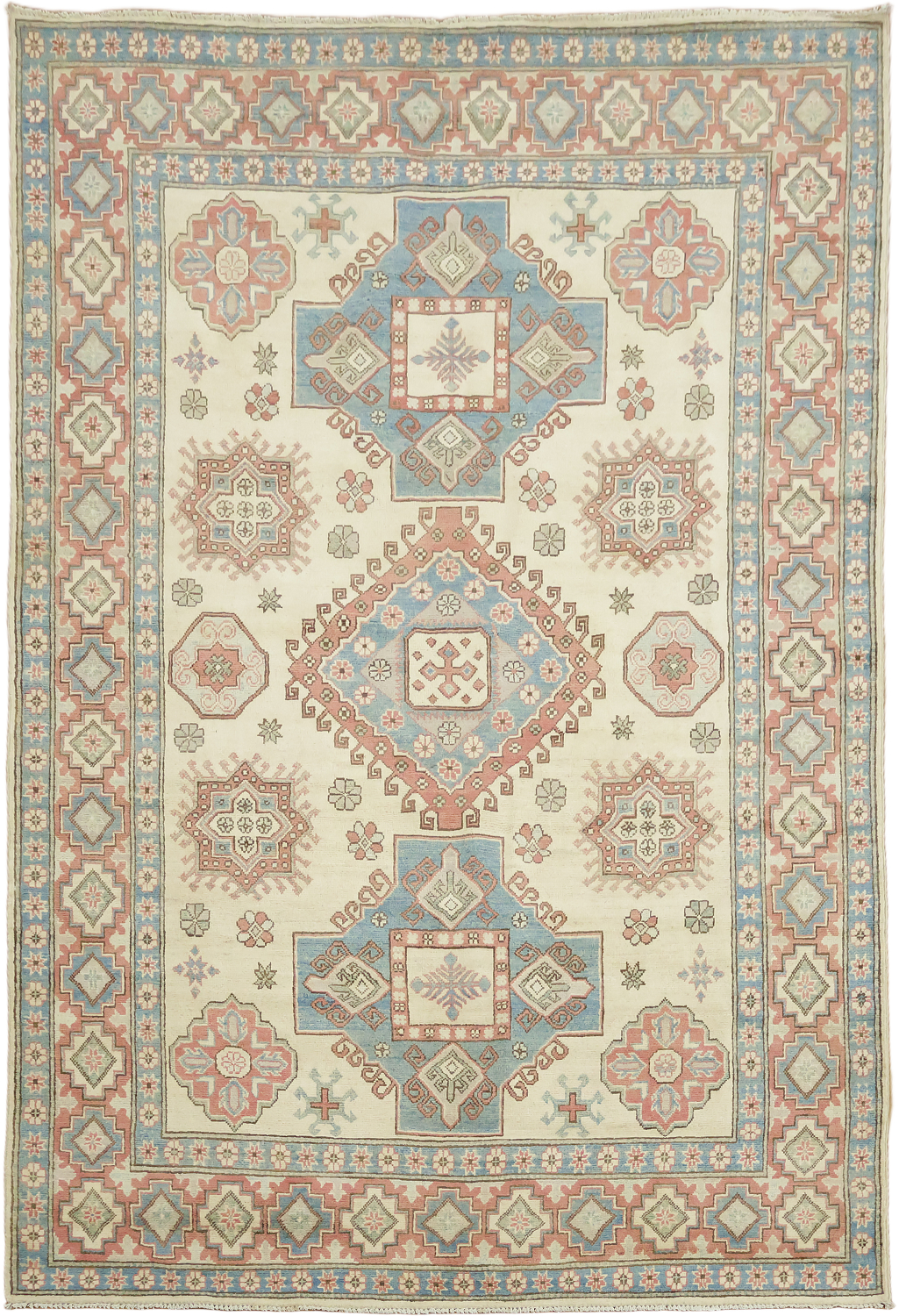 Ivory Kazak Traditional Pattern Rug in Soft Tones for Stylish Décor 7'x10'