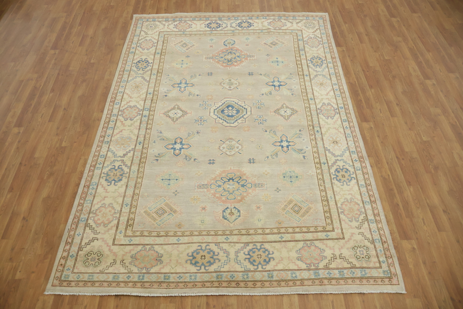Classic Grey and Blue Kazak Pakistani Wool Rug 7'x10'