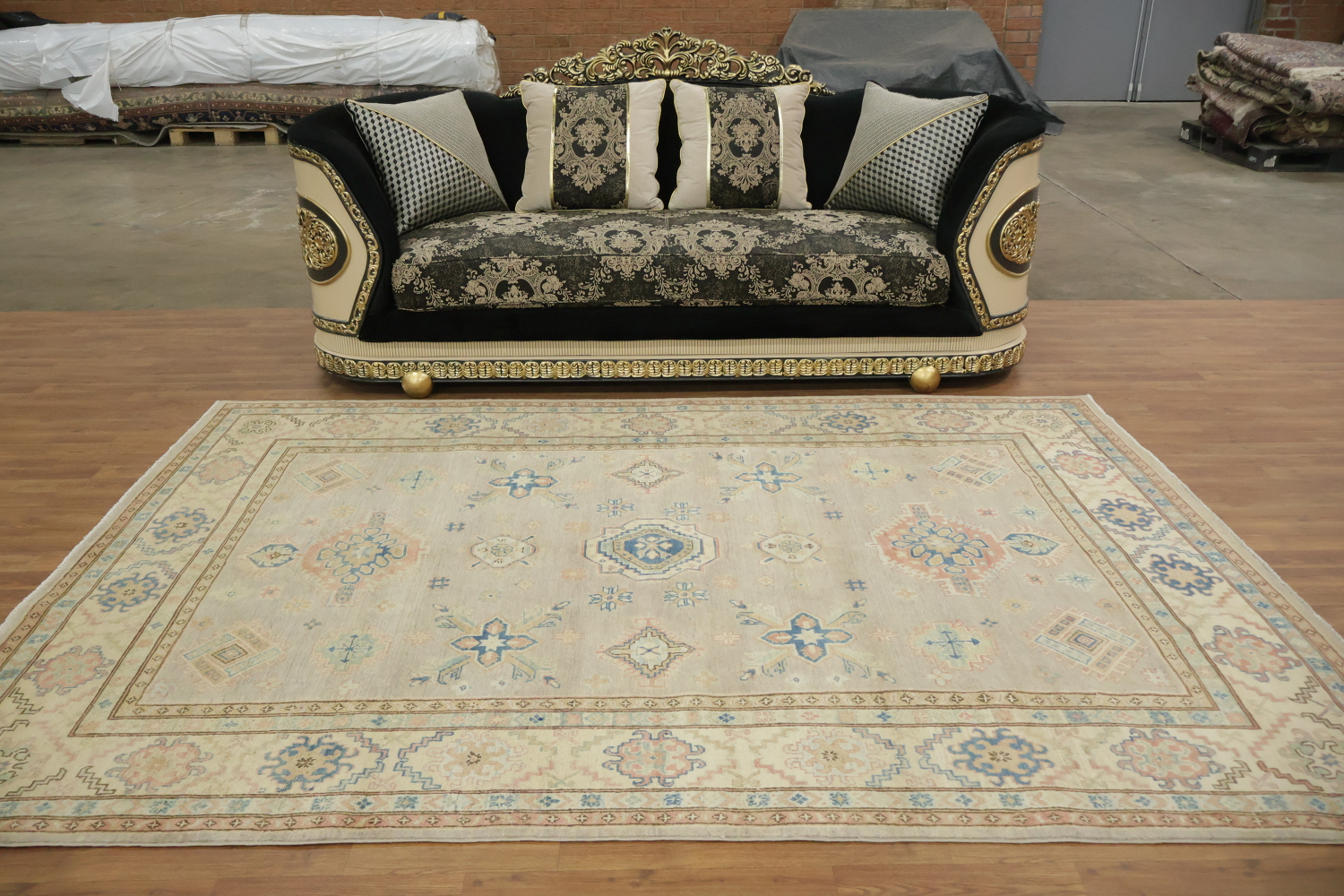 Classic Grey and Blue Kazak Pakistani Wool Rug 7'x10'