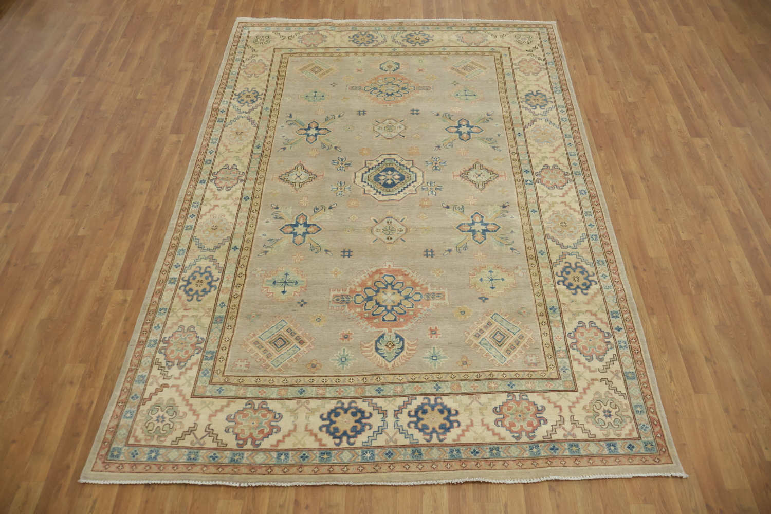 Classic Grey and Blue Kazak Pakistani Wool Rug 7'x10'