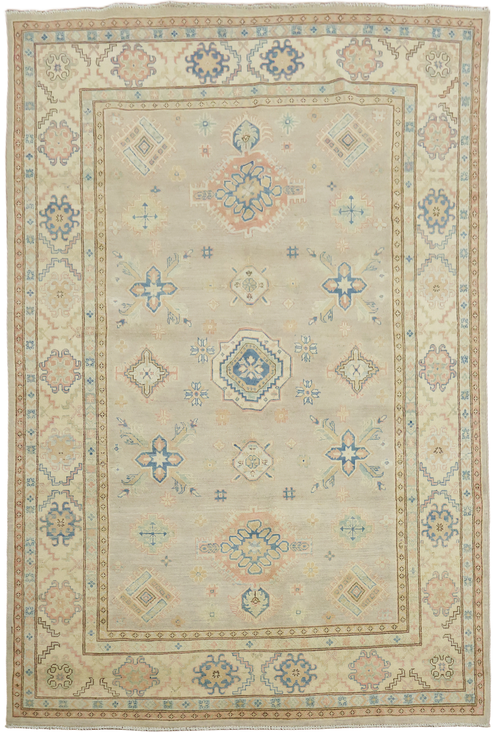 Classic Grey and Blue Kazak Pakistani Wool Rug 7'x10'
