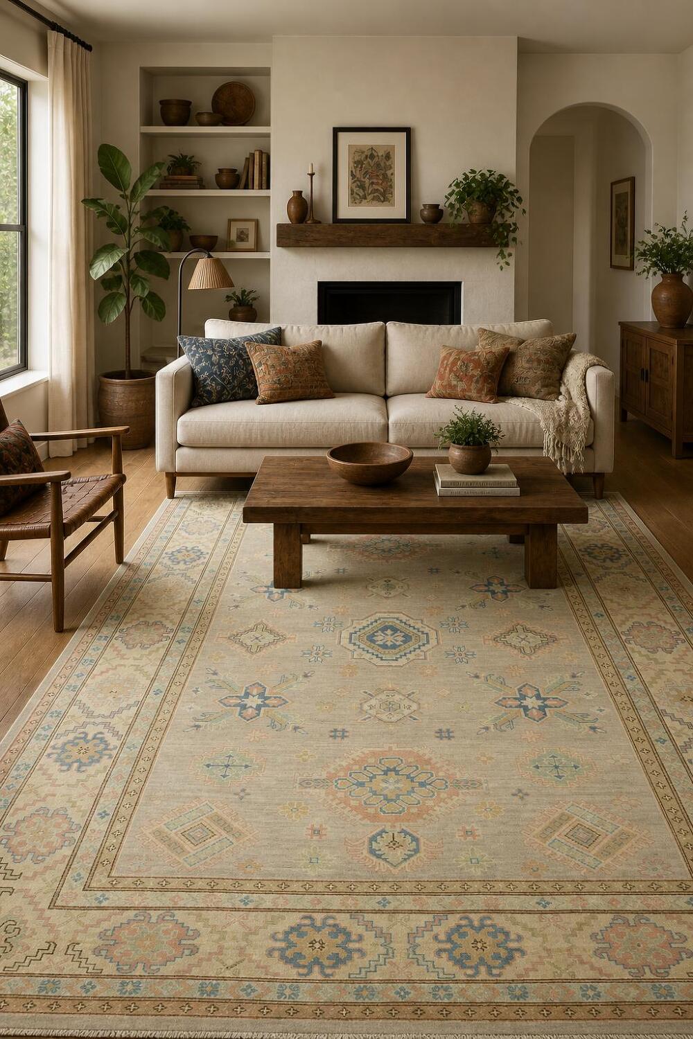Classic Grey and Blue Kazak Pakistani Wool Rug 7'x10'